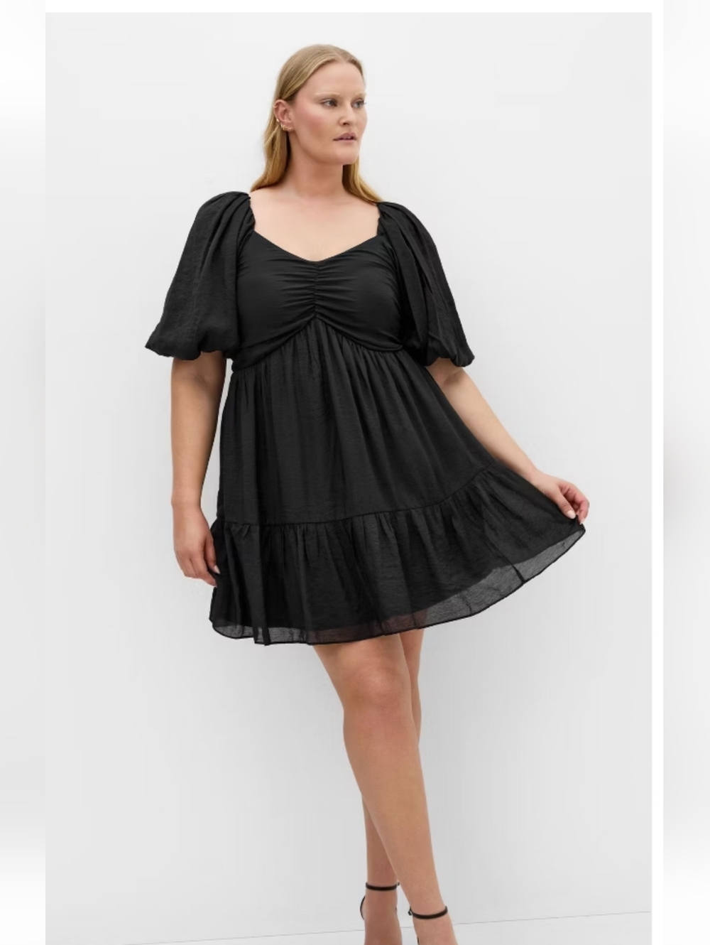 Black Puff-Sleeve Ruched Mini Dress